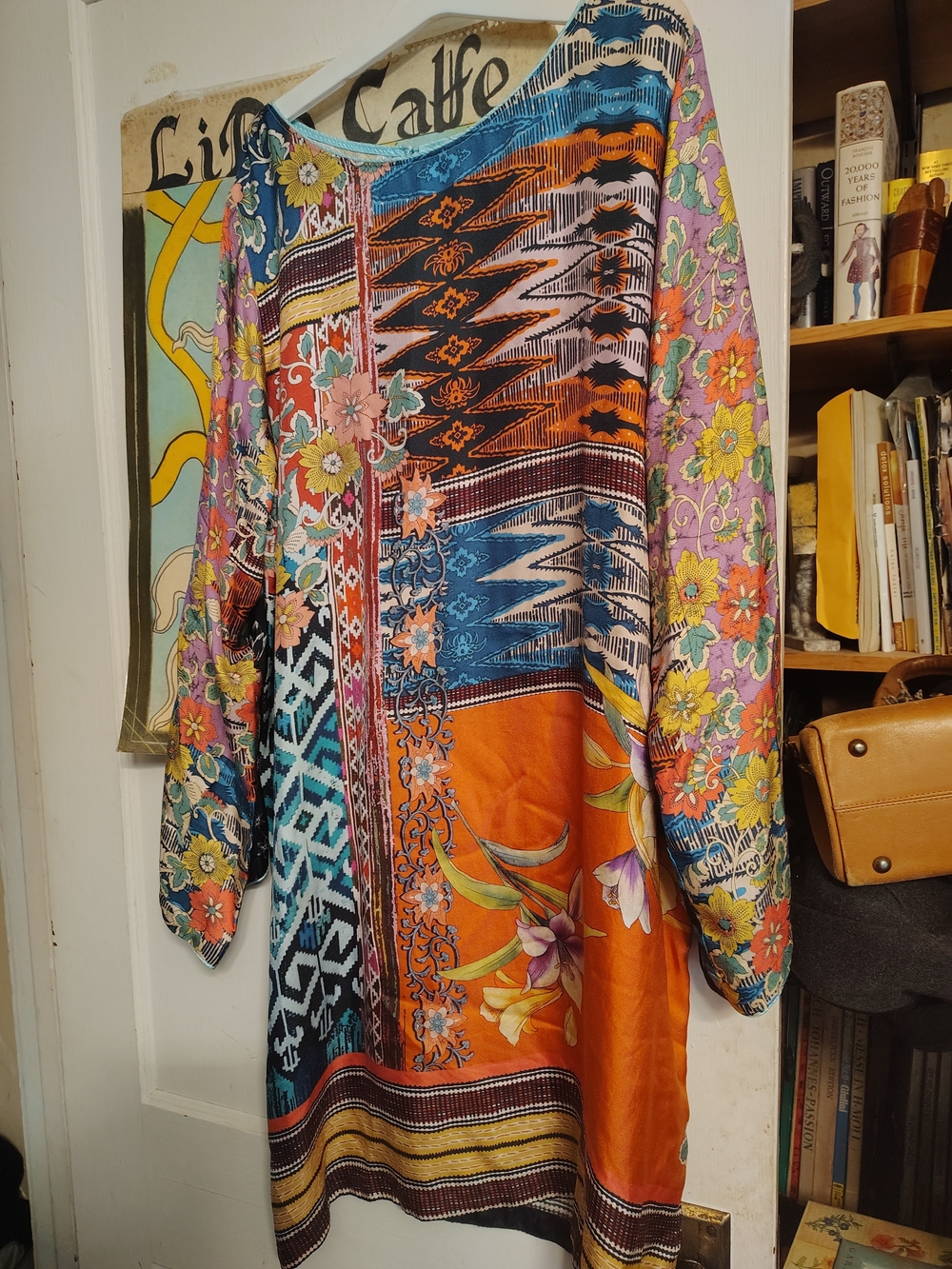 Johnny Was XL Silk Multicolor Floral & Geometric Dress  Orange, Blue, Pink
